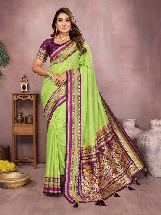Pure Handloom Perrot & Purple Kalamkari Silk Saree with Zari Woven Border & Pallu
