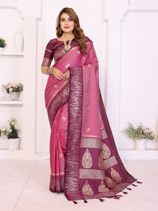 Premium Pink South Soft Silk Saree with Rich Zari Weaving Border & Heavy Pallu