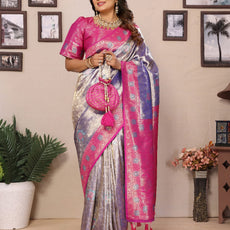 Pure Banarasi Beige & Pink Tissue Silk Saree with Paithani Border & Pallu