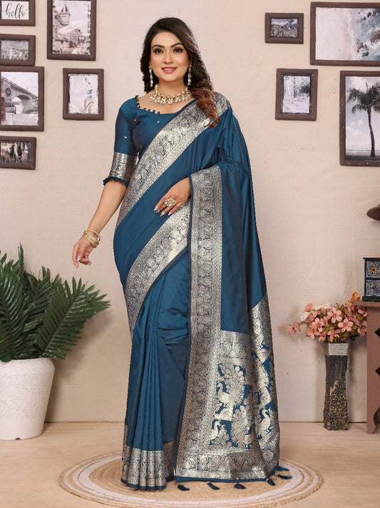 Teal Premium Pure Soft Banarasi Silk Saree