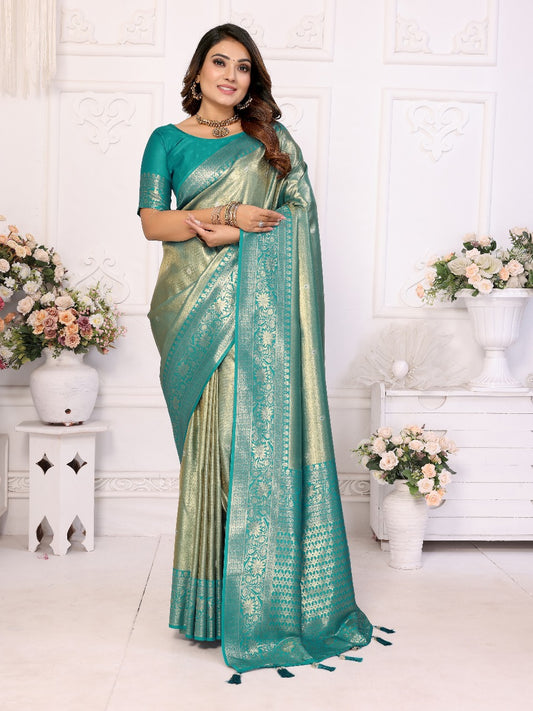 Pure Banarasi Teal Green Tissue Silk Saree with Butti Weaving
