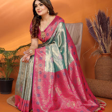 Pure Banarasi Beige & Pink Tissue Silk Saree with Paithani Border & Pallu