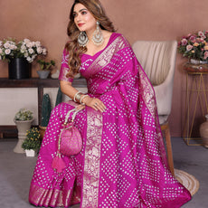 Experience Timeless Elegance With Our Pink Pure Handmade Bandhej Dola Silk Saree