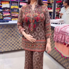 Women's Brown Printed Kurta & Wide-Leg Pant Set | Casual Ethnic Wear
