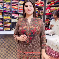 Women's Brown Printed Kurta & Wide-Leg Pant Set | Casual Ethnic Wear