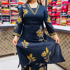 Elegant Black Pure Rayon Floral Kurta Set with Matching Palazzo | V-Neck Ethnic Wear for Women