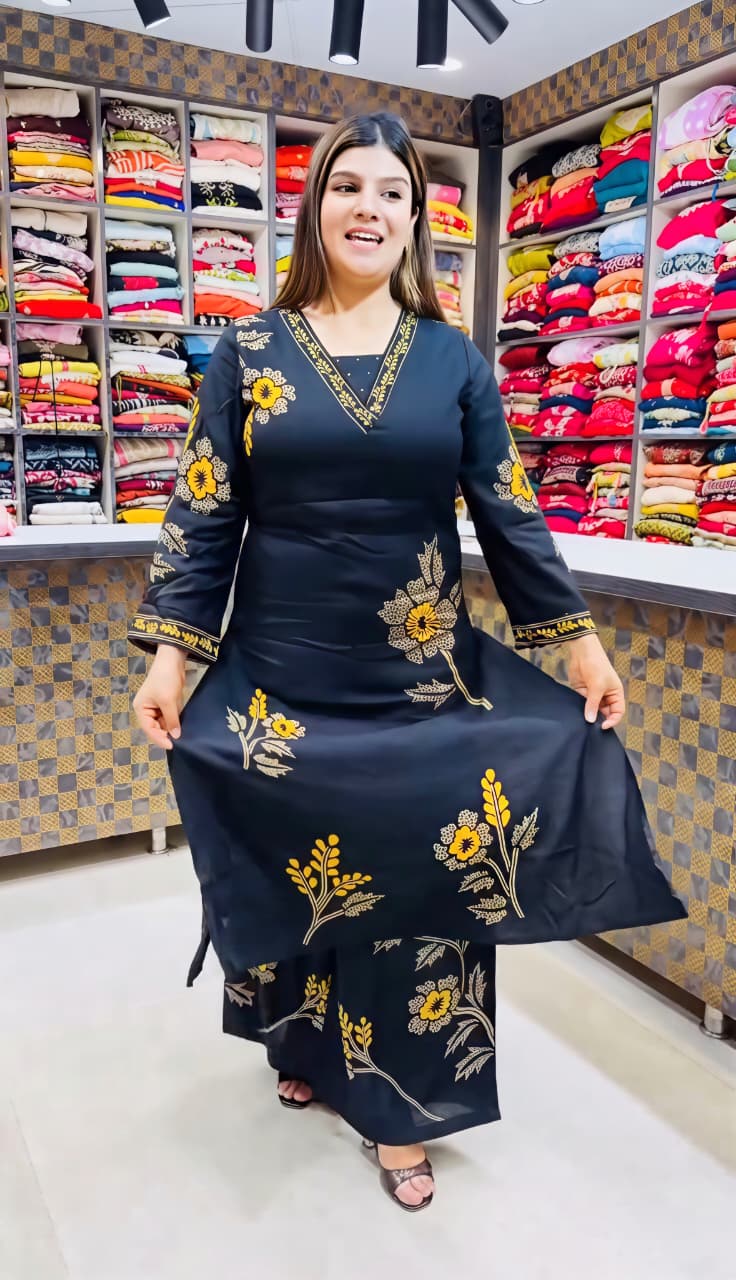 Elegant Off-white Pure Rayon cotton Floral Kurta Set with Matching Palazzo | V-Neck Ethnic Wear for Women