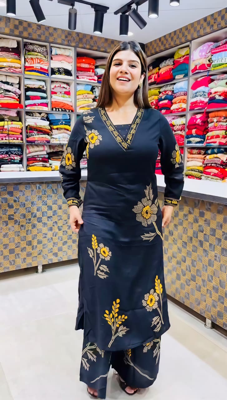 Elegant Black Pure Rayon Floral Kurta Set with Matching Palazzo | V-Neck Ethnic Wear for Women