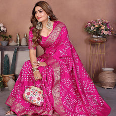 Experience Timeless Elegance With Our Pink Pure Handmade Bandhej Dola Silk Saree