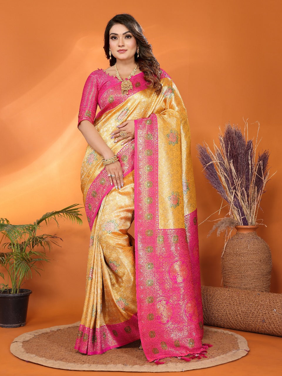 Pure Banarasi Beige & Pink Tissue Silk Saree with Paithani Border & Pallu