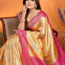 Pure Banarasi Beige & Pink Tissue Silk Saree with Paithani Border & Pallu