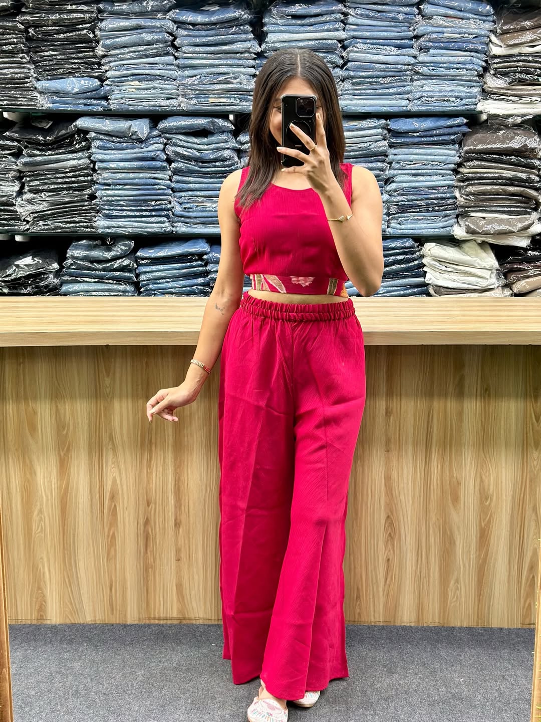 Red Vatican Silk Co-Ord Set with Shrug