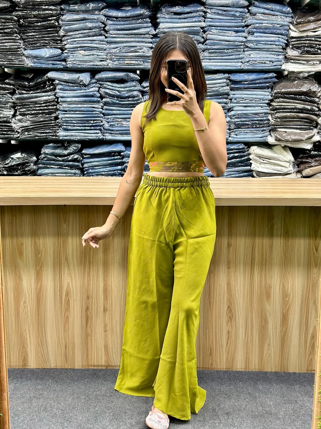 Lemon Green Vatican Silk Co-Ord Set with Shrug