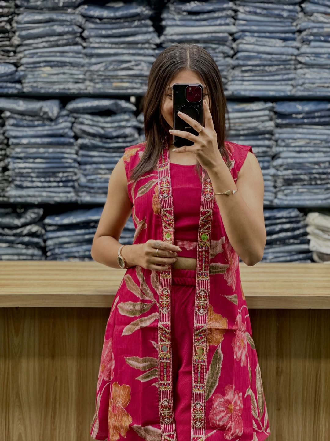 Red Vatican Silk Co-Ord Set with Shrug