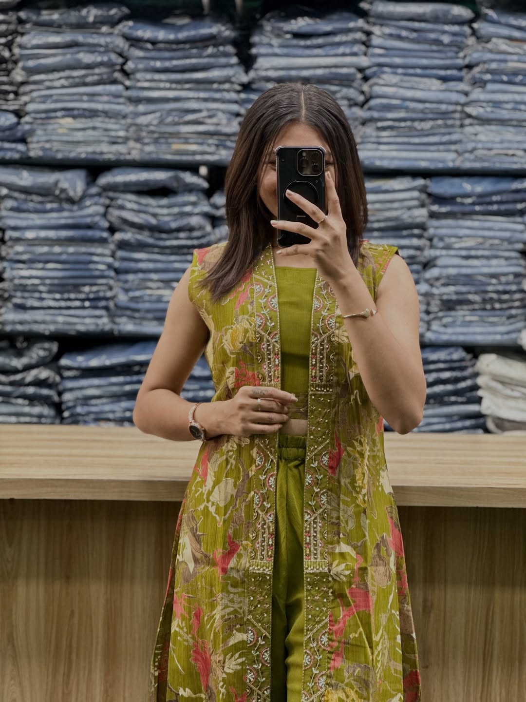 Lemon Green Vatican Silk Co-Ord Set with Shrug