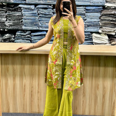 Lemon Green Vatican Silk Co-Ord Set with Shrug