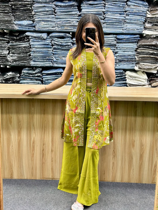 Lemon Green Vatican Silk Co-Ord Set with Shrug