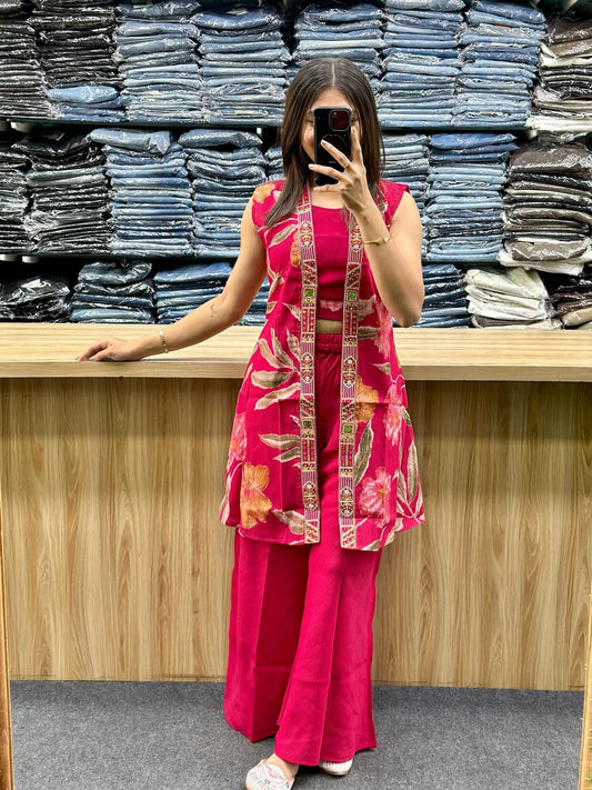 Red Vatican Silk Co-Ord Set with Shrug