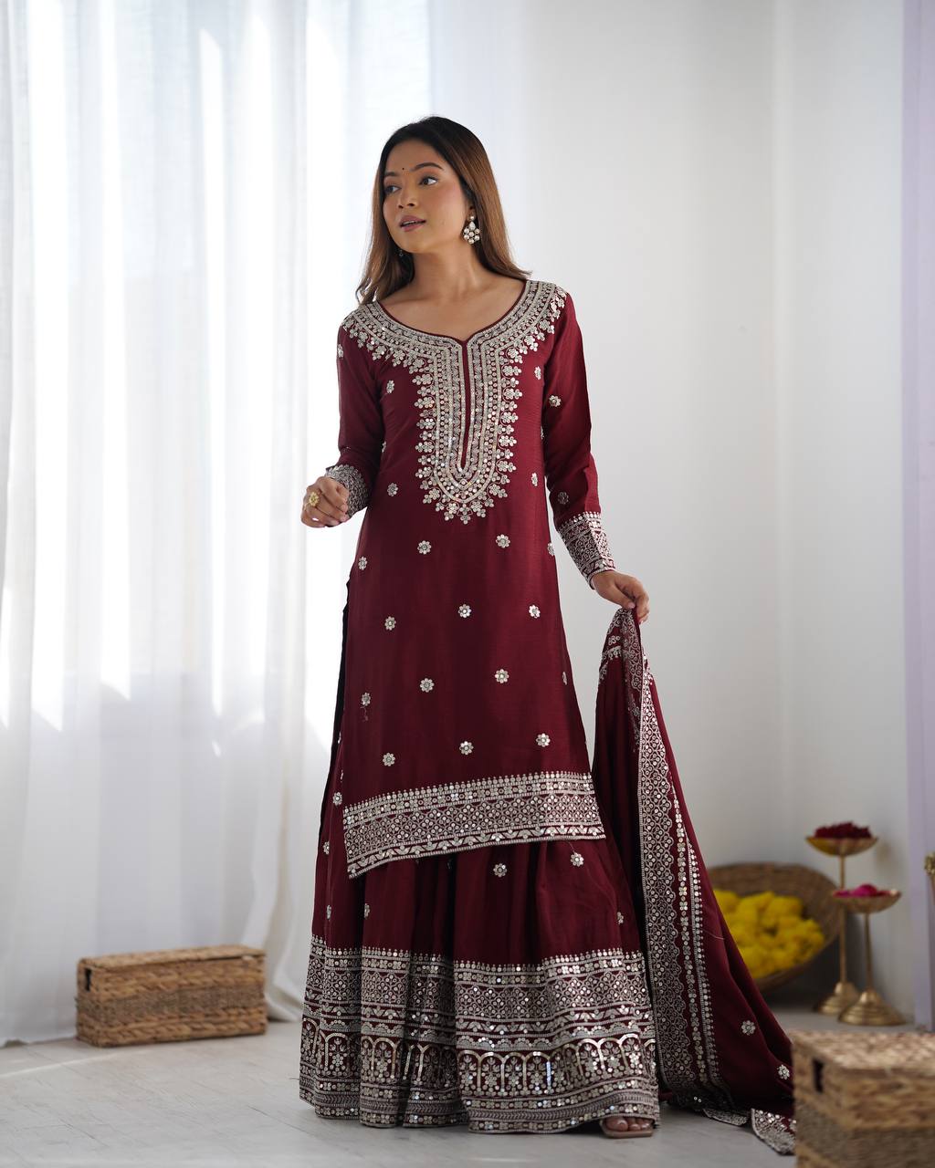 Maroon Color Premium Designer Sharara Set