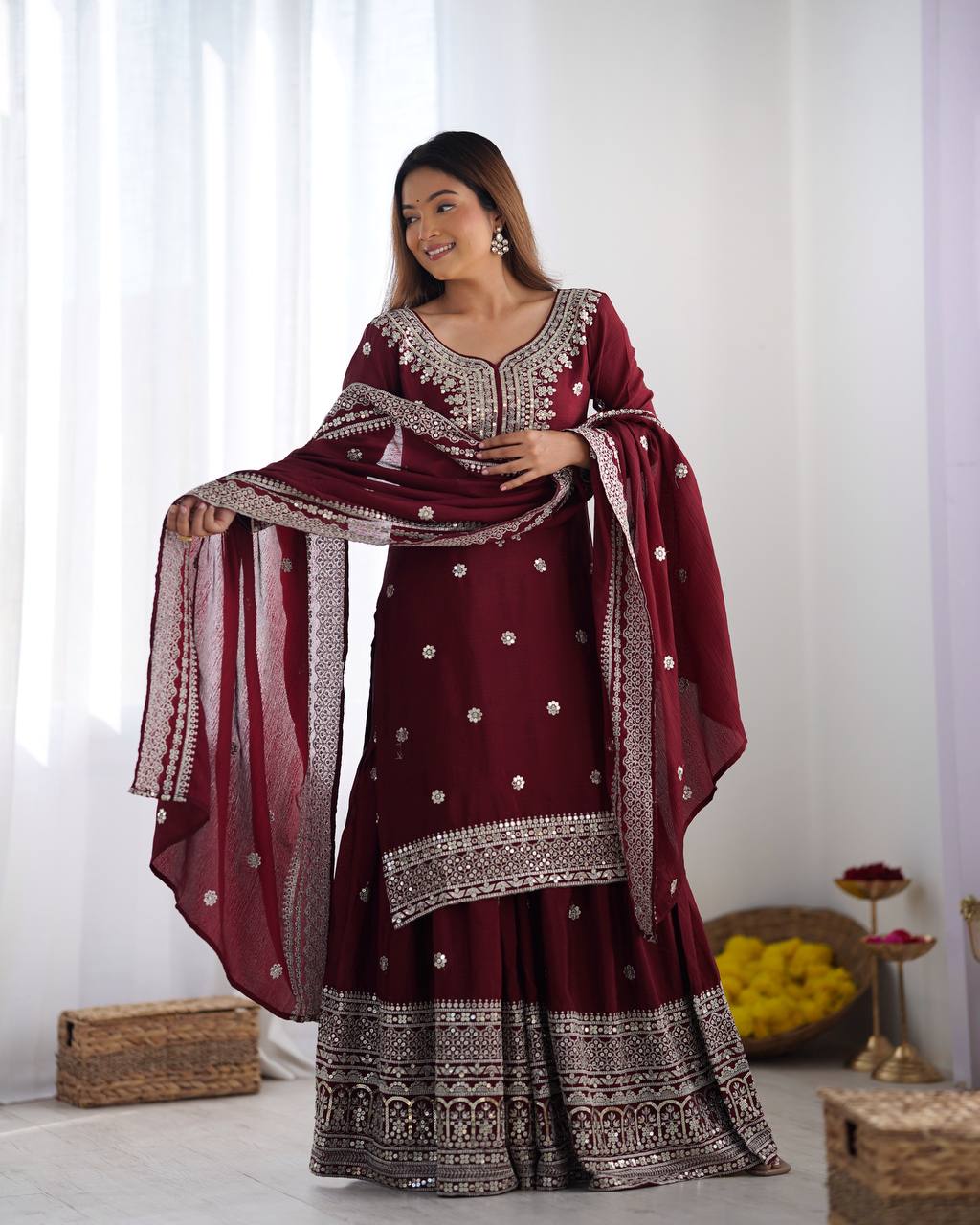 Maroon Color Premium Designer Sharara Set