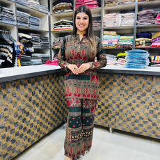 Printed Asymmetric Red And Green Top With Palazzo Set