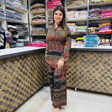 Printed Asymmetric Red And Green Top With Palazzo Set