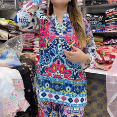 Printed Blue Ajrak Top With Palazzo Set