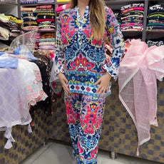 Printed Blue Ajrak Top With Palazzo Set