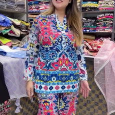 Printed Blue Ajrak Top With Palazzo Set