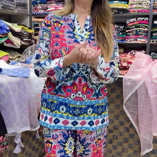 Printed Blue Ajrak Top With Palazzo Set