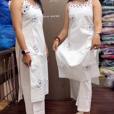 Off White Mirror Work Cotton Kurta With Pants