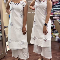 Off White Mirror Work Cotton Kurta With Pants