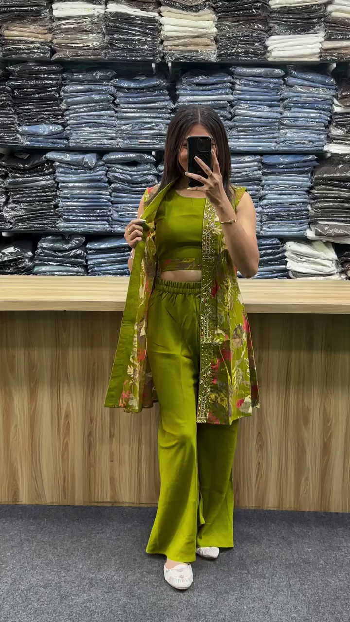 Lemon Green Vatican Silk Co-Ord Set with Shrug