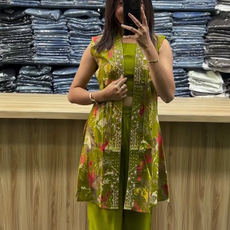 Lemon Green Vatican Silk Co-Ord Set with Shrug