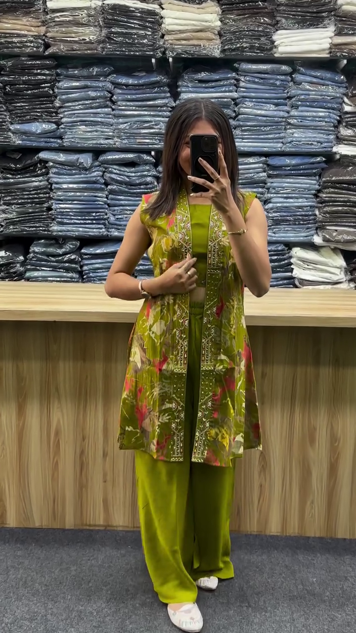 Lemon Green Vatican Silk Co-Ord Set with Shrug