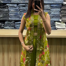 Lemon Green Vatican Silk Co-Ord Set with Shrug