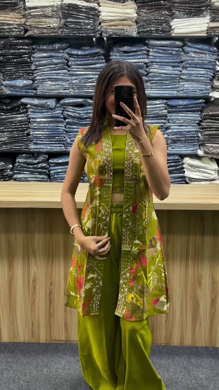 Lemon Green Vatican Silk Co-Ord Set with Shrug