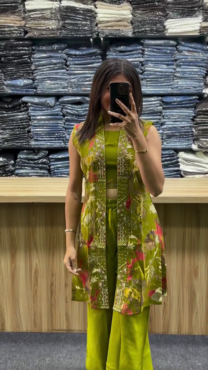 Lemon Green Vatican Silk Co-Ord Set with Shrug