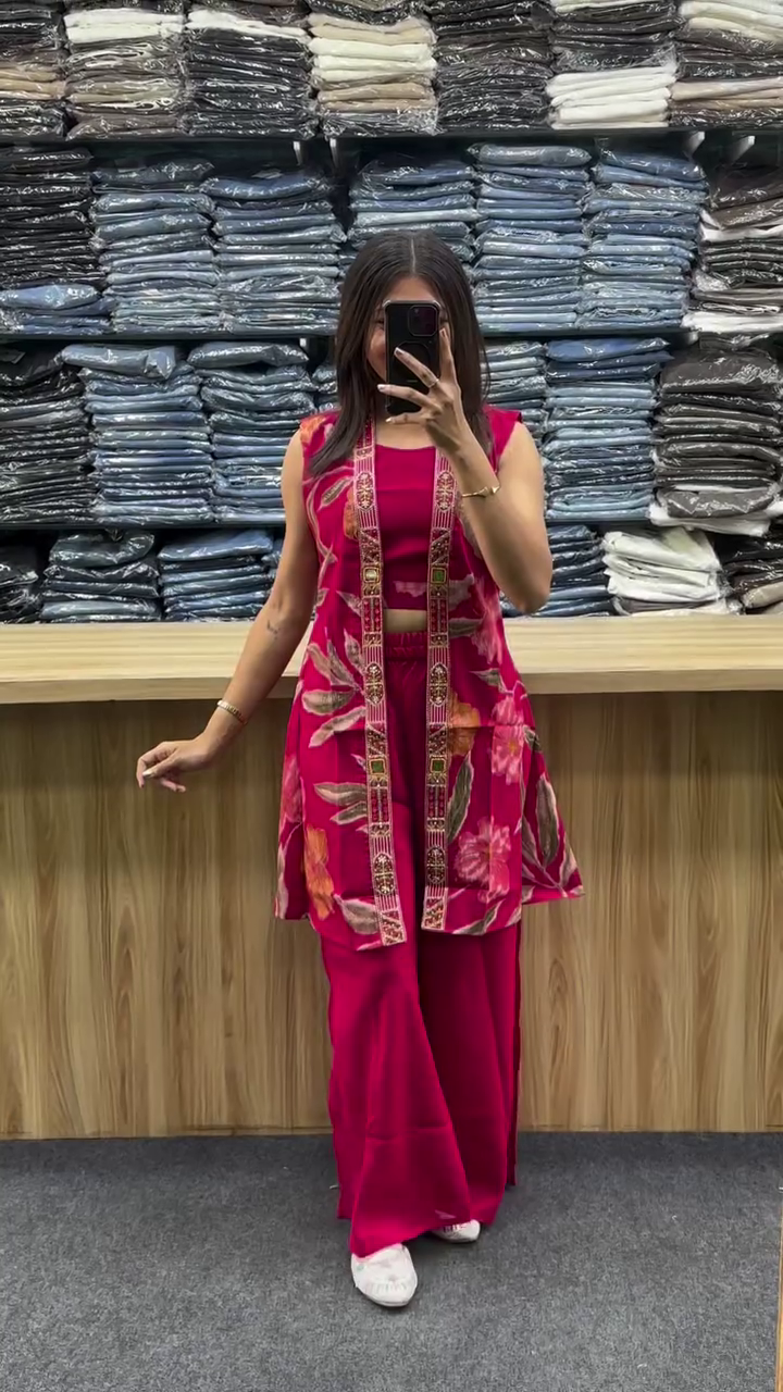 Red Vatican Silk Co-Ord Set with Shrug