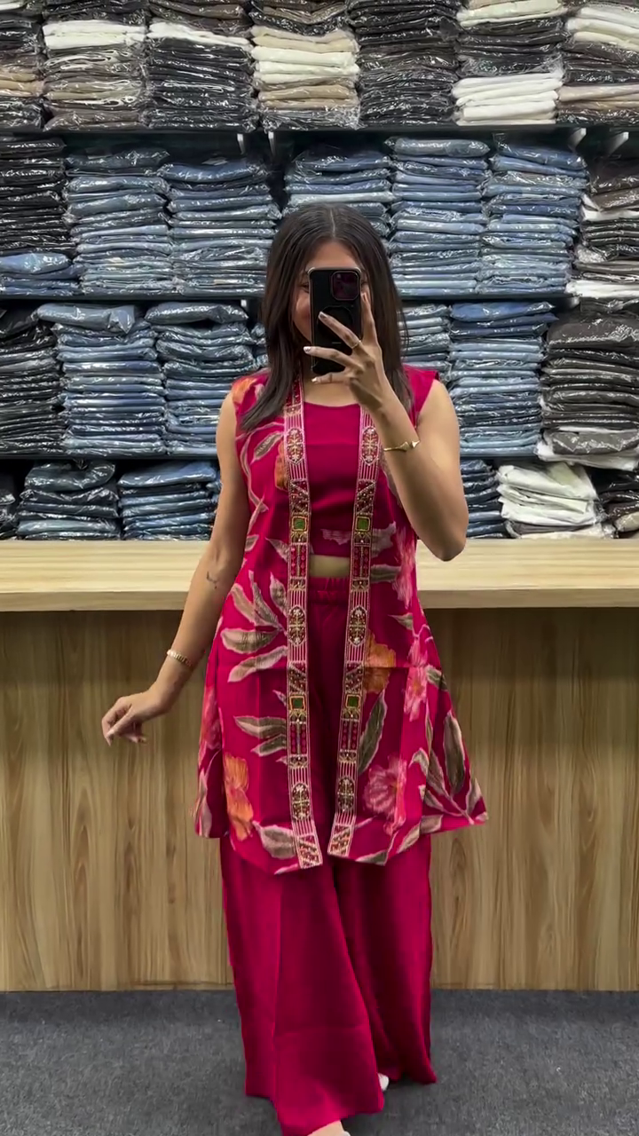 Red Vatican Silk Co-Ord Set with Shrug