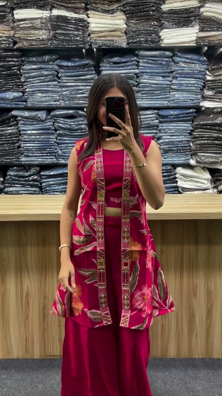 Red Vatican Silk Co-Ord Set with Shrug