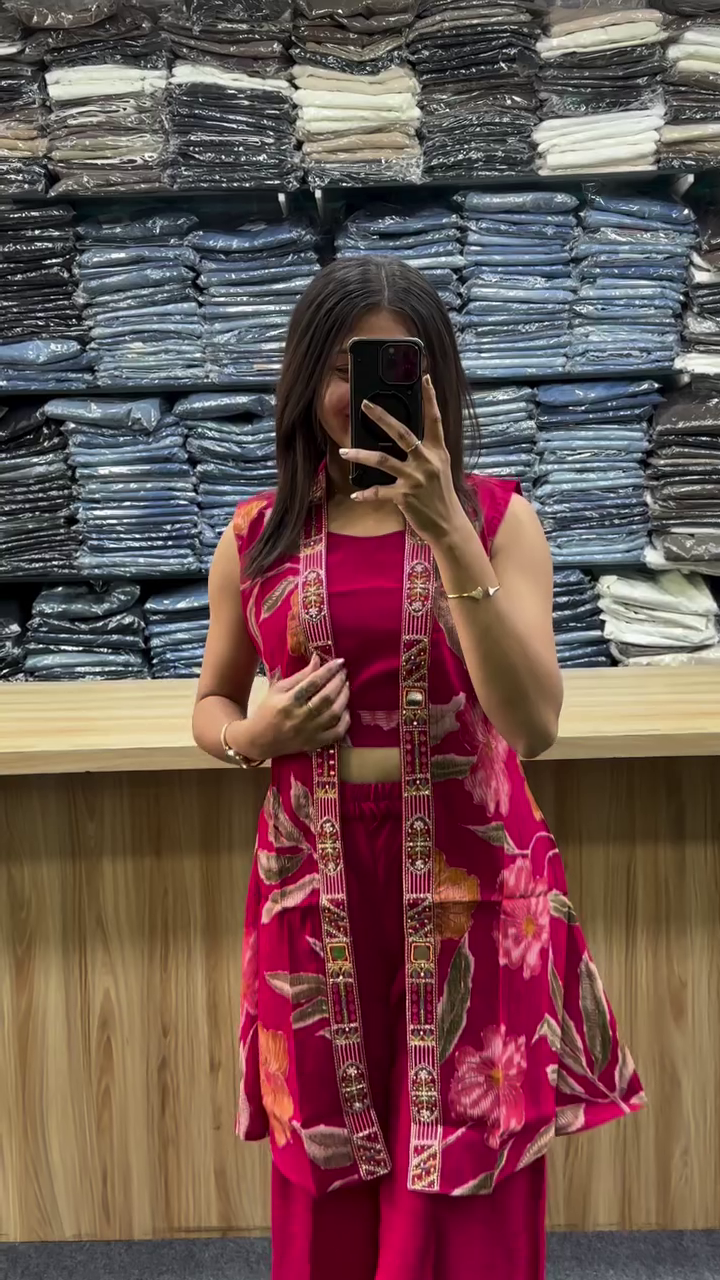 Red Vatican Silk Co-Ord Set with Shrug